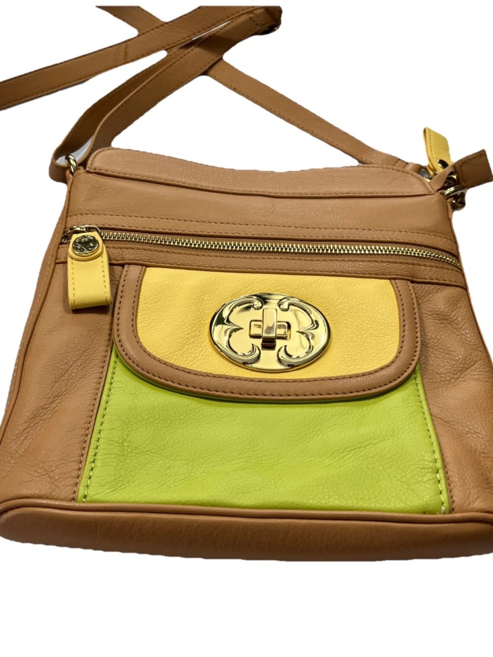 EMMA FOX Tan CROSSBODY Purse LEATHER Shoulder Bag Gold Zipper Yellow Lime Green
